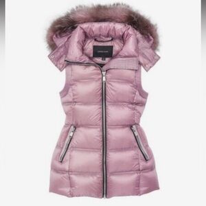 Andrew Marc Pink Puffer Down Vest with Claire Fox Fur Trim | size small